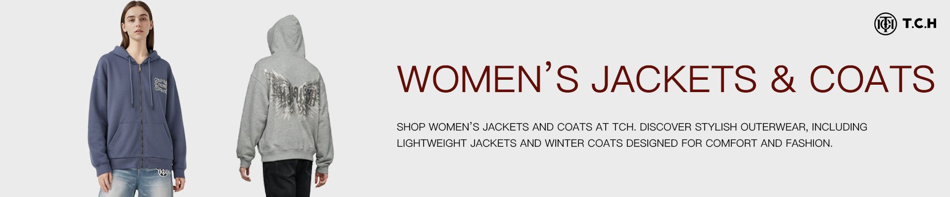 Two women wearing jackets with a text overlay about women's jackets and coats at TCH.