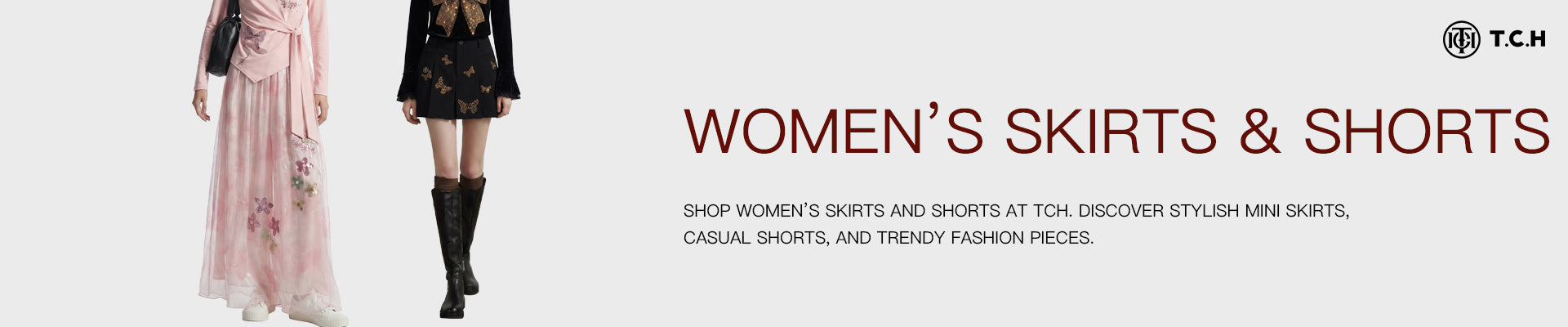Advertisement for women's skirts and shorts with two models wearing different styles of skirts.