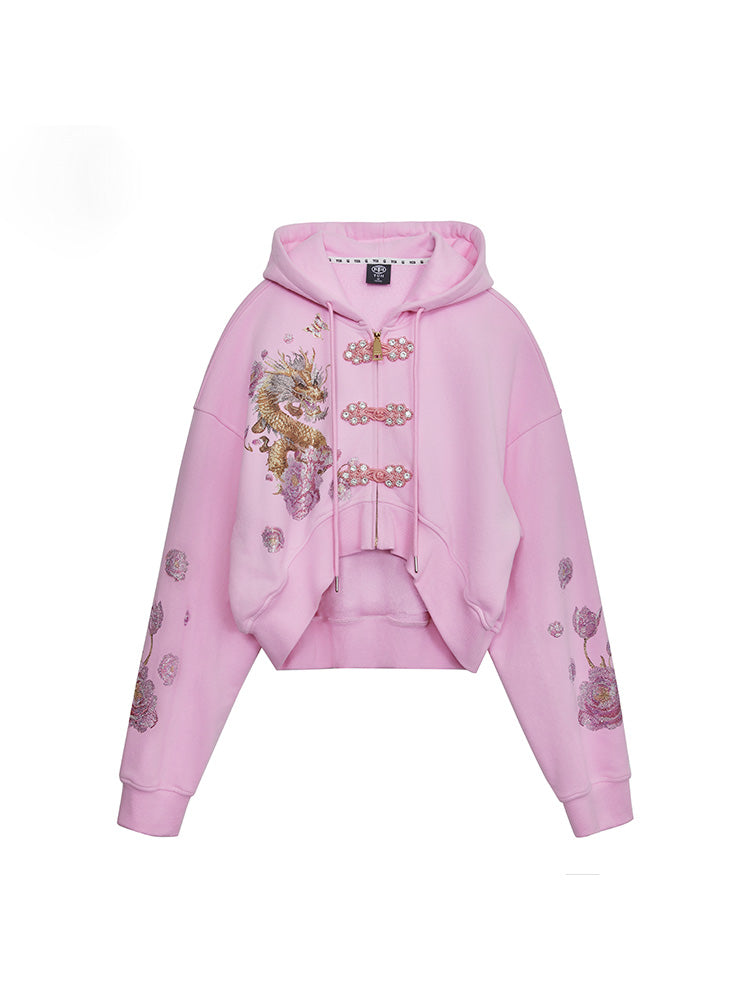 TCH Luxury Dragon Rhinestone Sparkle Sweatshirt with Floral Sleeve