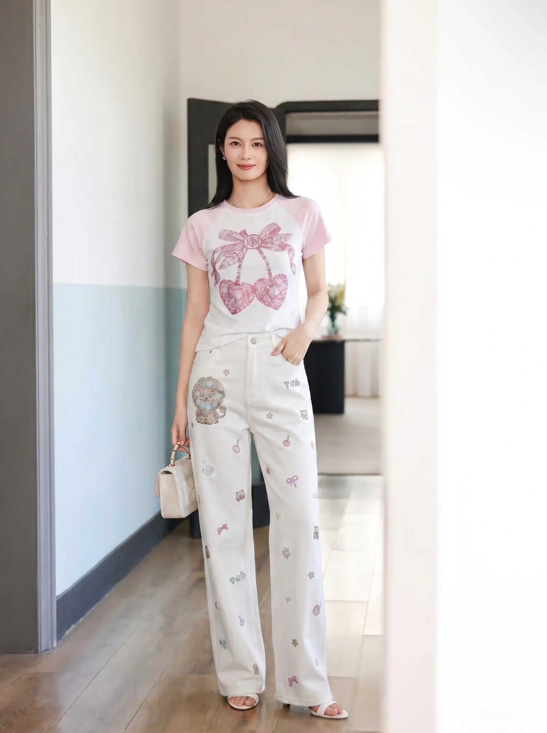 TCH Pink Bow Rhinestone Graphic Raglan T-Shirt