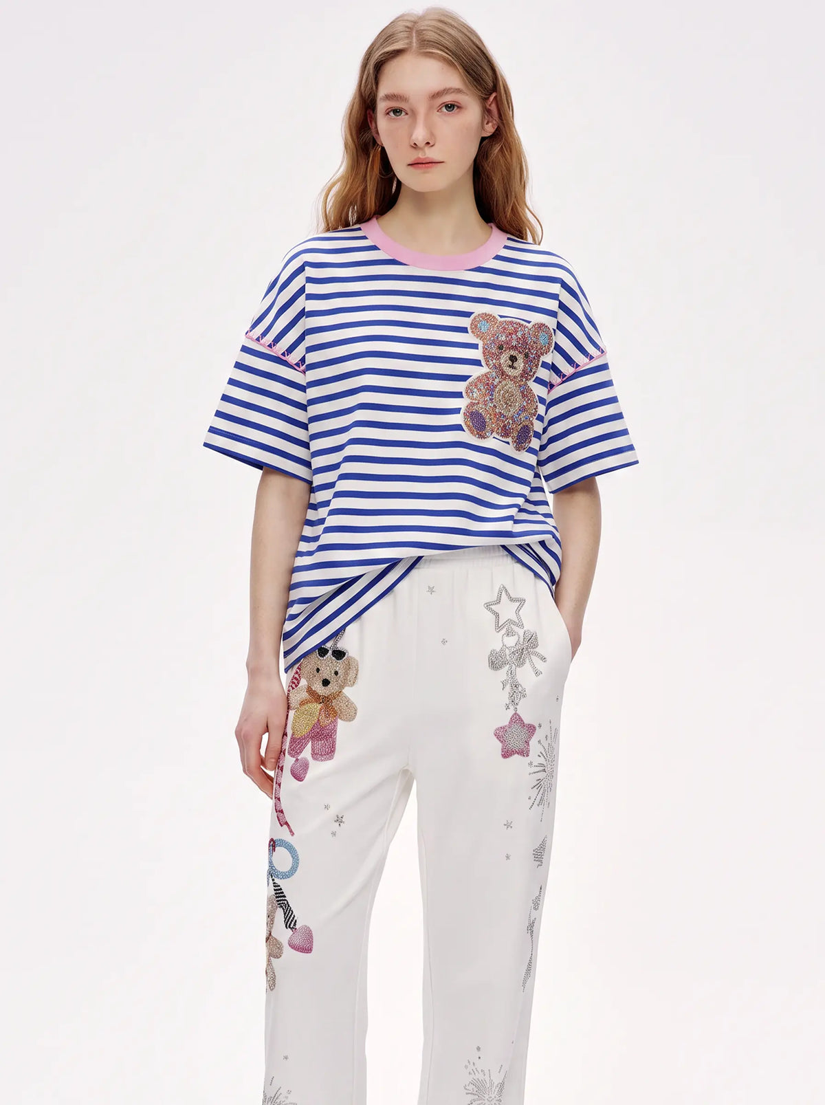 TCH Rhinestone Teddy Bear Striped Short Sleeve T-Shirt