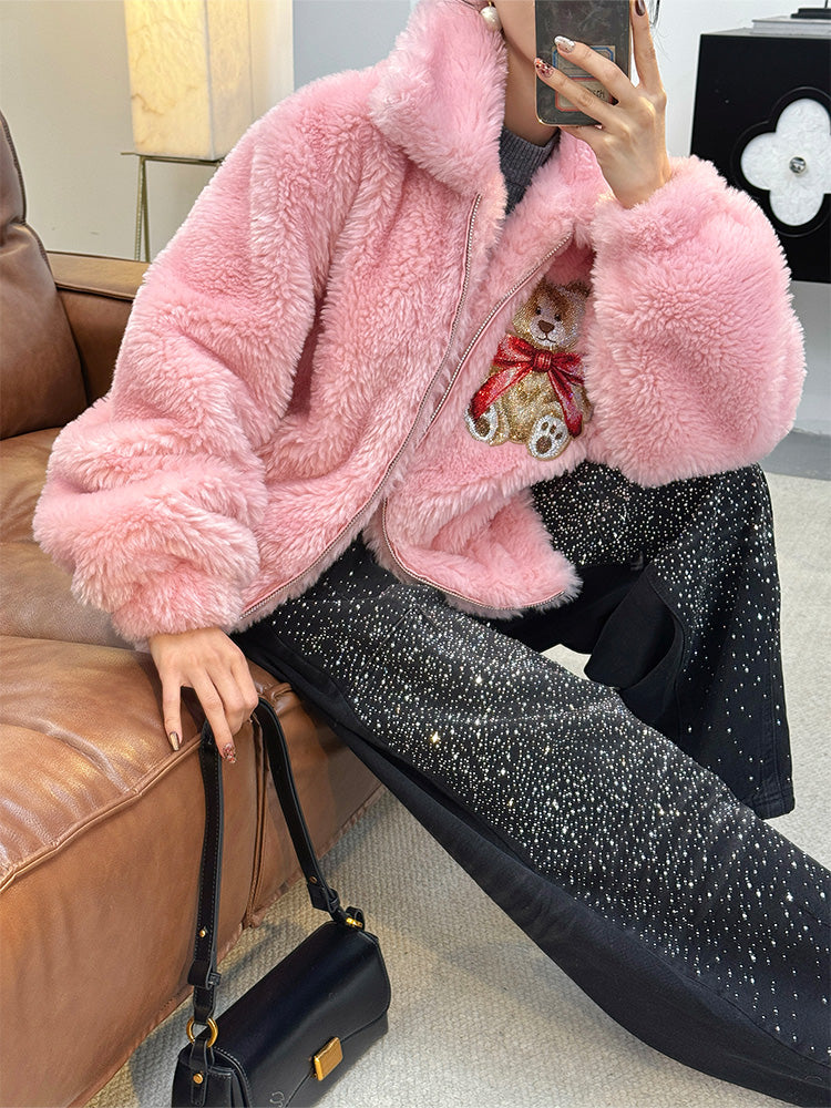 TCH Rhinestone Luxe Pink Faux Fur Teddy Jacket