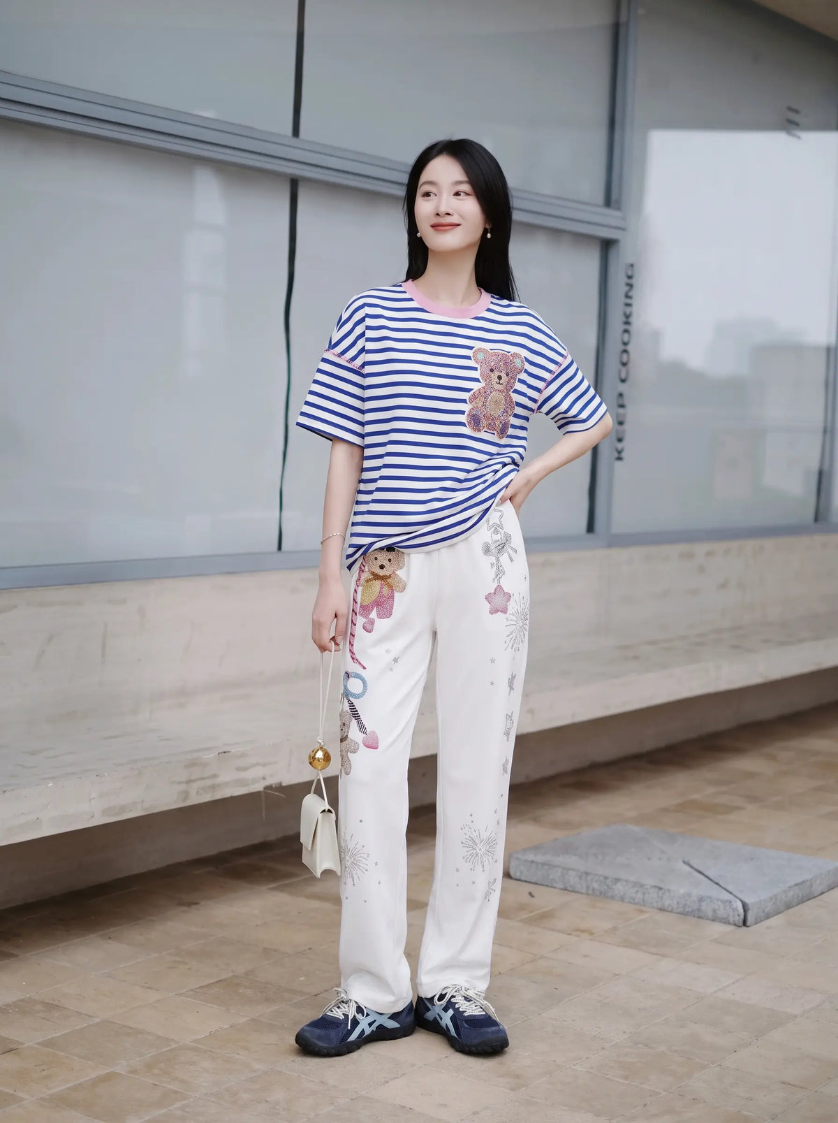 TCH Rhinestone Teddy Bear Striped Short Sleeve T-Shirt