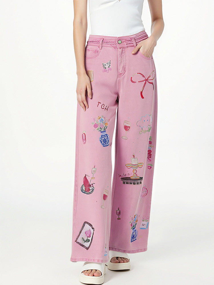 TCH Graphic Rhinestone Colorful Wide Leg Pants