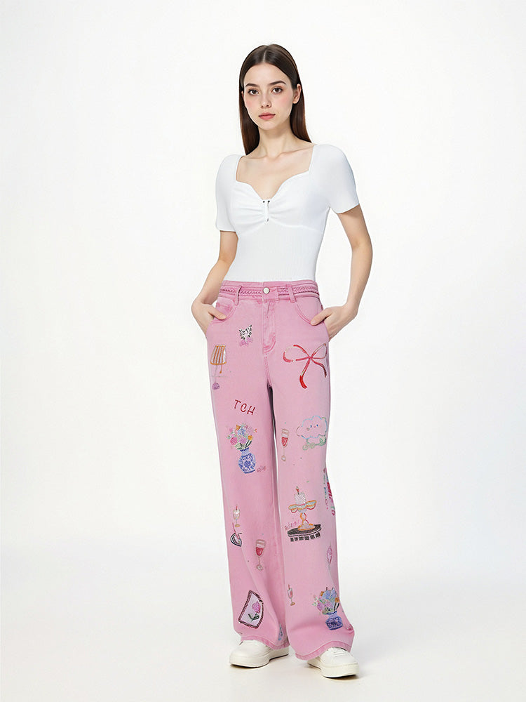 TCH Graphic Rhinestone Colorful Wide Leg Pants