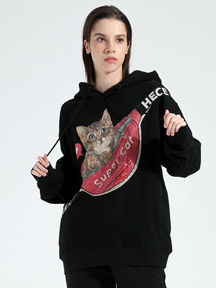 TCH Graphics Cat Rhinestone Pullover Hoodies
