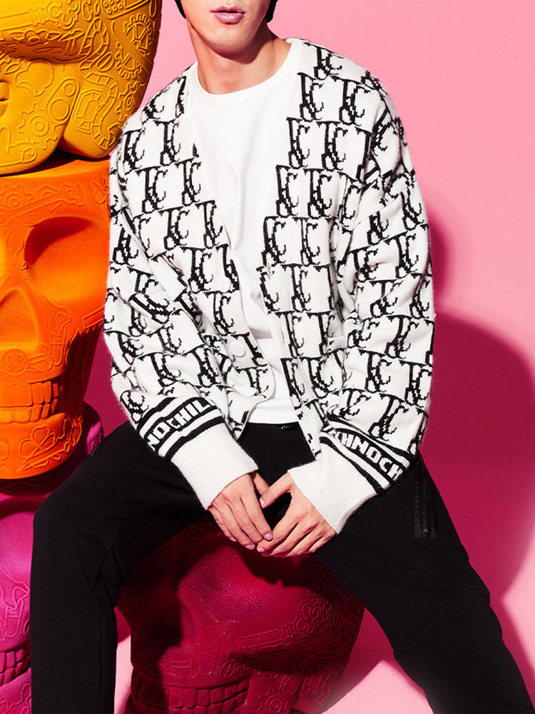 TCH Unisex White Jacquard Knit Cardigan