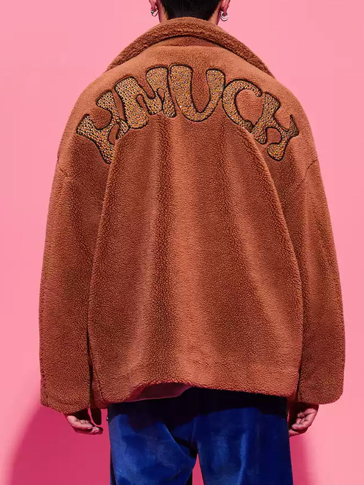 TCH Graphic Rhinestone Faux Shearling Jacket