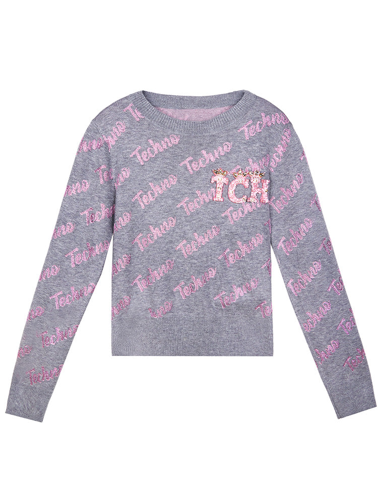TCH Rhinestone Logo-Jacquard Crew-Neck Sweater