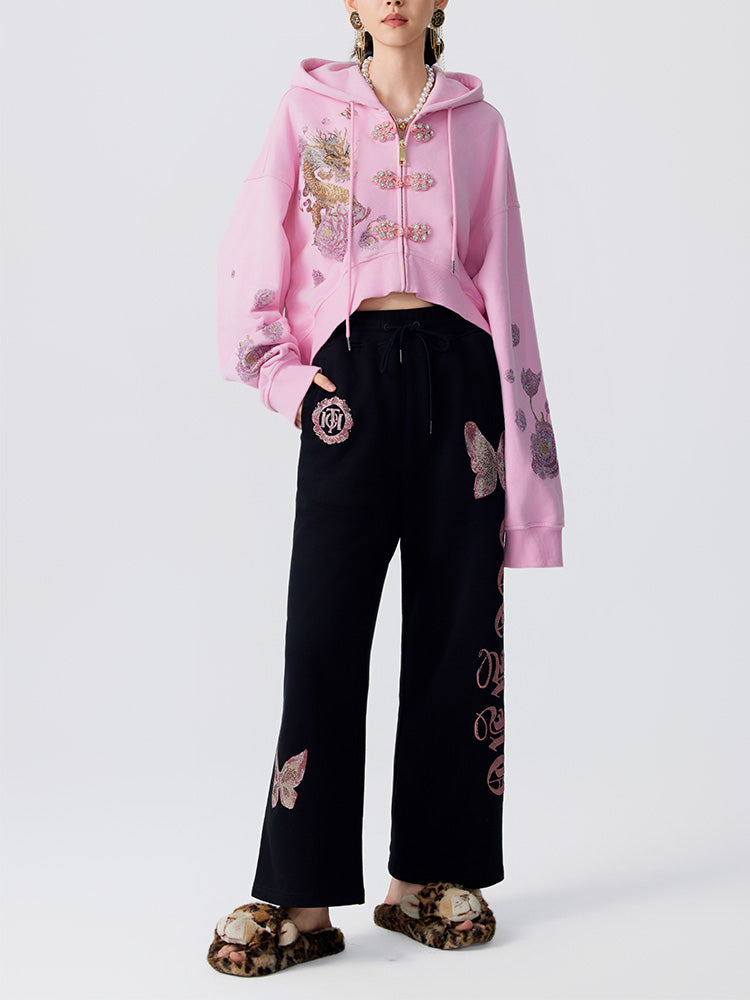TCH Luxury Dragon Rhinestone Sparkle Sweatshirt with Floral Sleeve