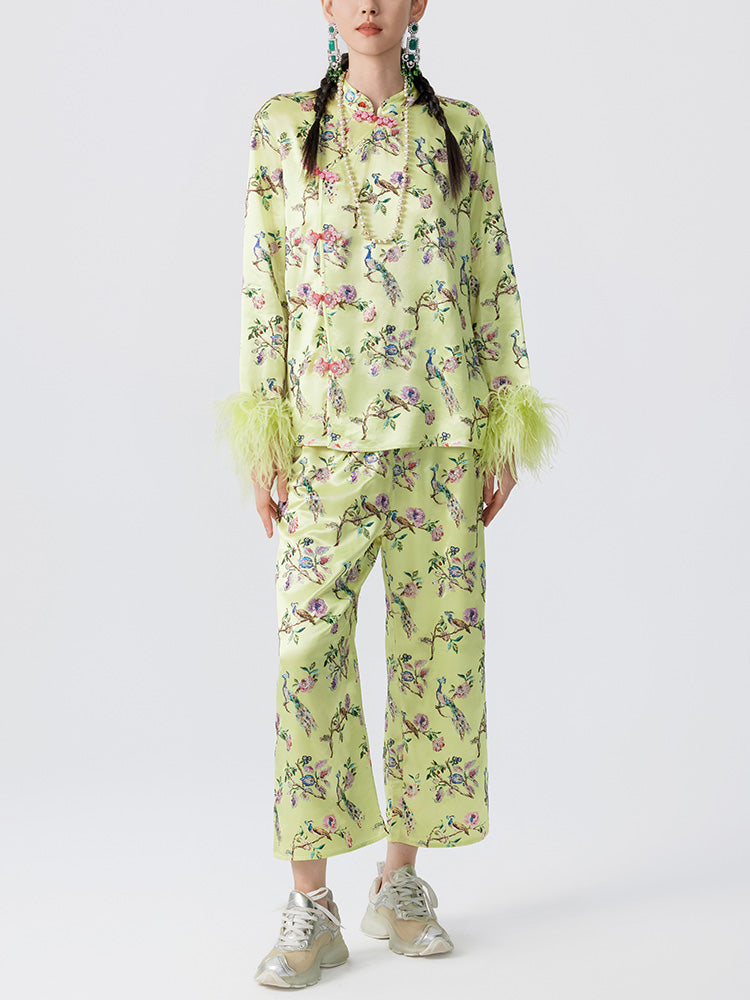 TCH 2 Piece Rhinestone Floral Feather Trim Top and Pants