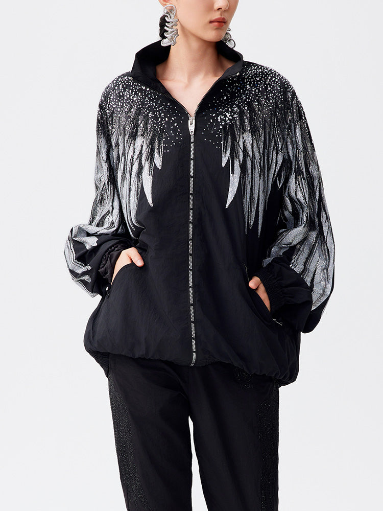 TCH Rhinestone Wings Sleeve Zip Up Jacket