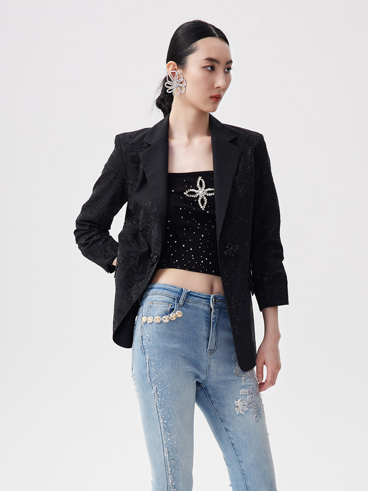 TCH Rhinestone Graphic Straight Textured Blazer