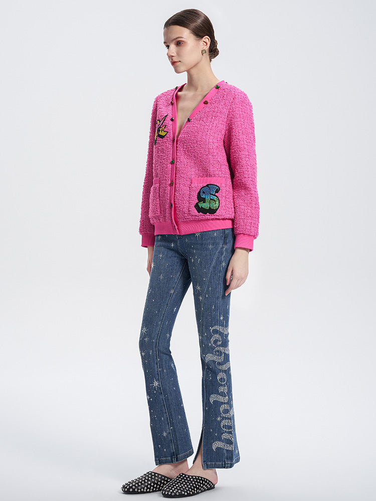 TCH Rhinestone Graphic High-Waisted Flared Jeans