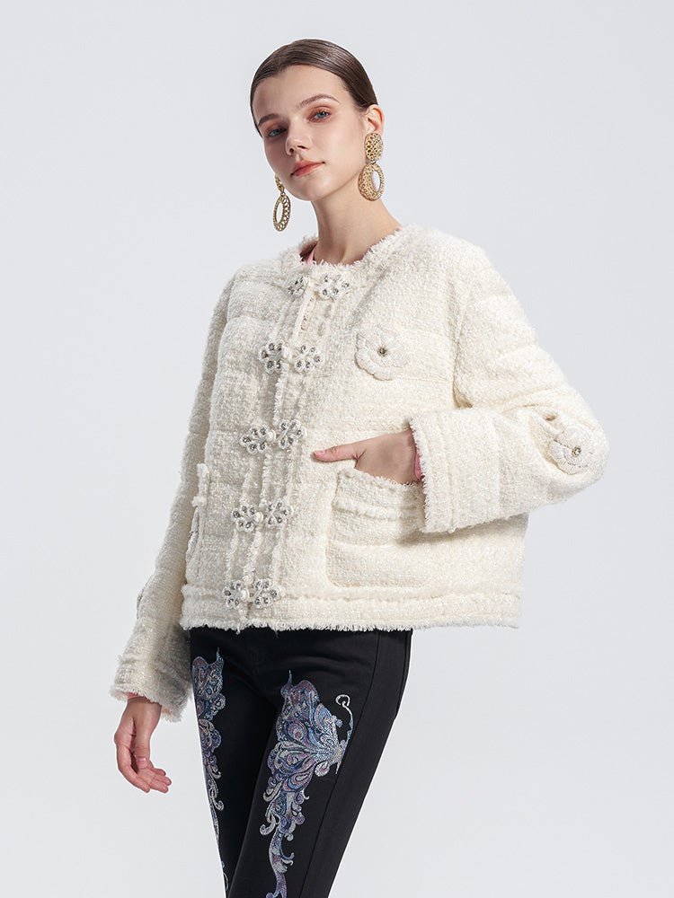 TCH Rhinestone Button Braided Tweed Jacket
