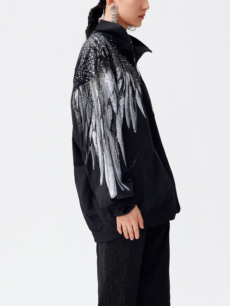 TCH Rhinestone Wings Sleeve Zip Up Jacket