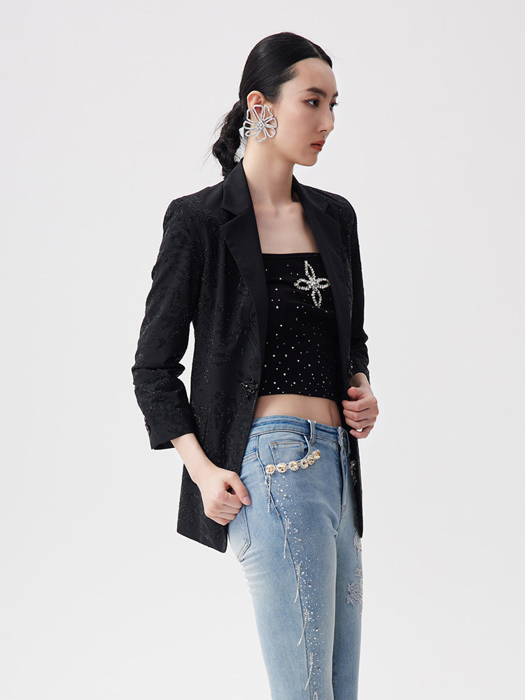 TCH Rhinestone Graphic Straight Textured Blazer