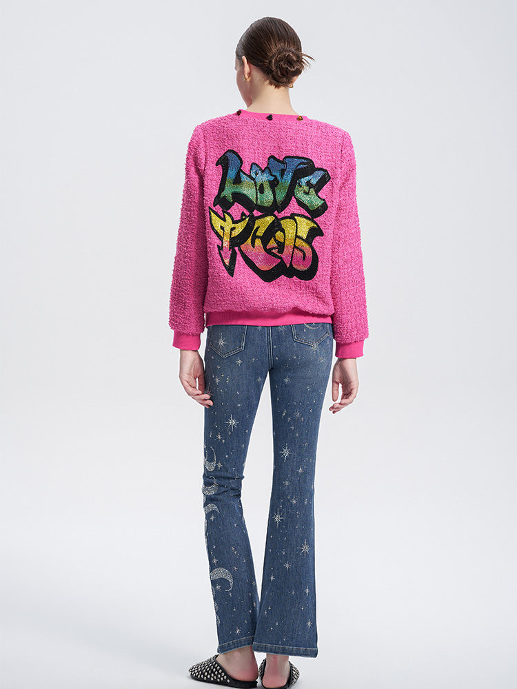 TCH Rhinestone Graphic High-Waisted Flared Jeans