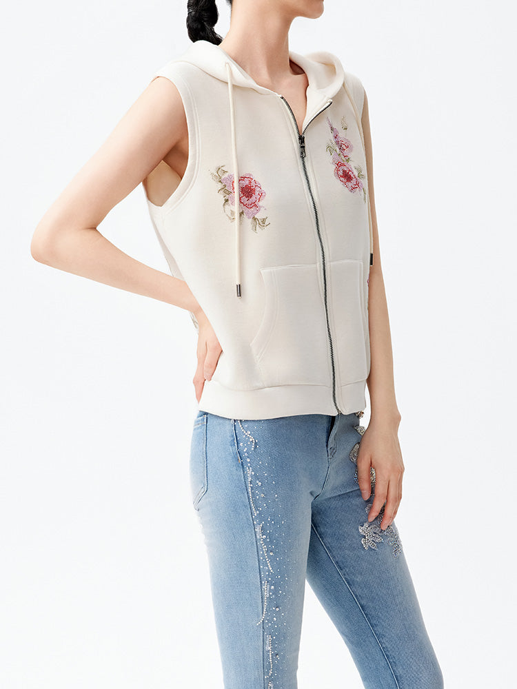 TCH Rhinestone Floral Graphic Print Zipper Vest