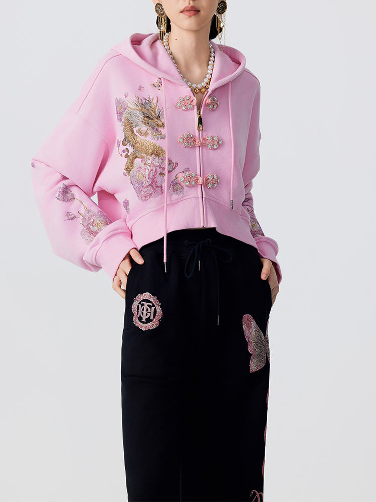 TCH Luxury Dragon Rhinestone Sparkle Sweatshirt with Floral Sleeve