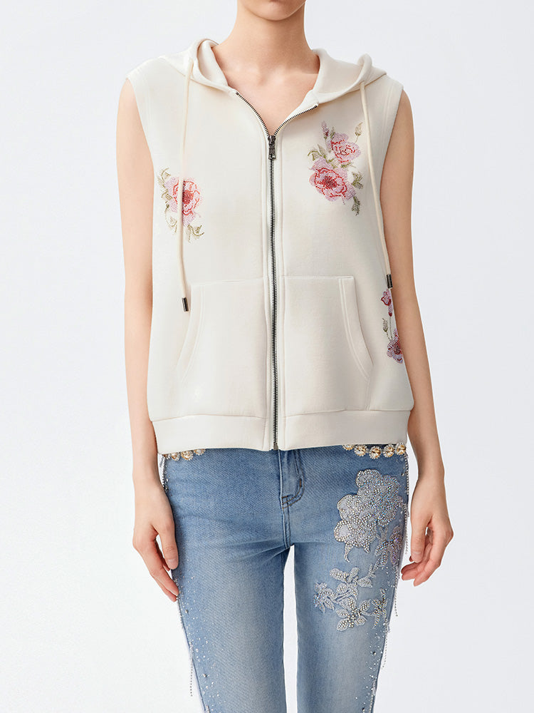 TCH Rhinestone Floral Graphic Print Zipper Vest