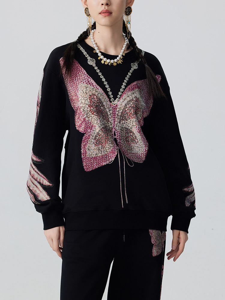 TCH Pink Rhinestone Butterfly Wing Sleeve Sweatshirt
