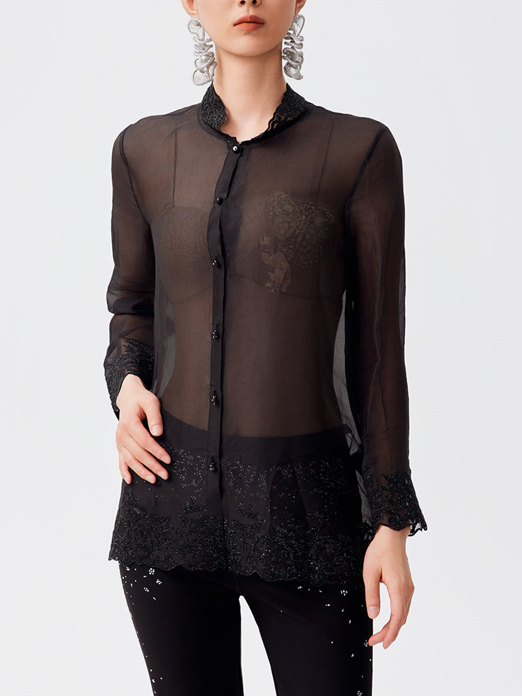 TCH Silk Butterfly Rhinestone Button Lace Shirt