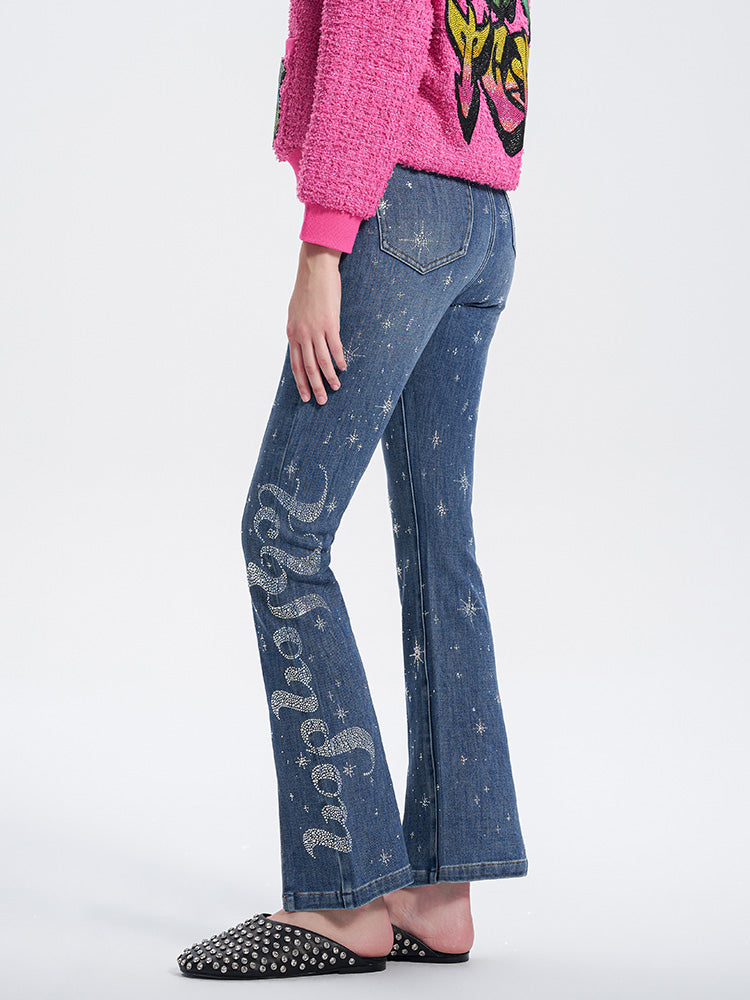 TCH Rhinestone Graphic High-Waisted Flared Jeans