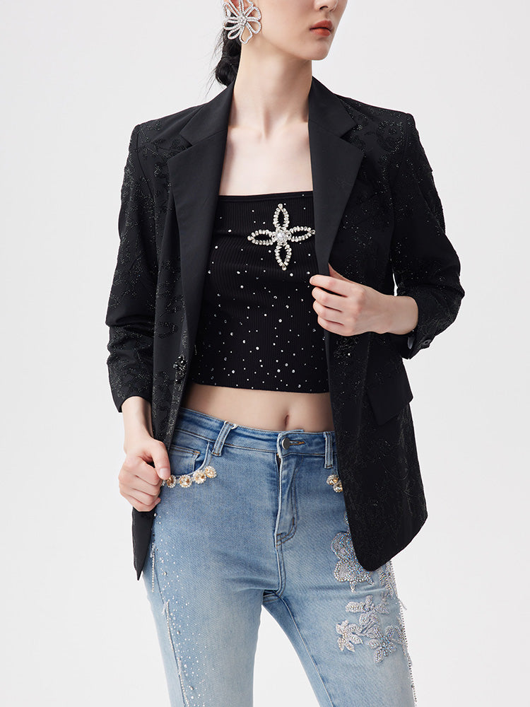 TCH Rhinestone Graphic Straight Textured Blazer
