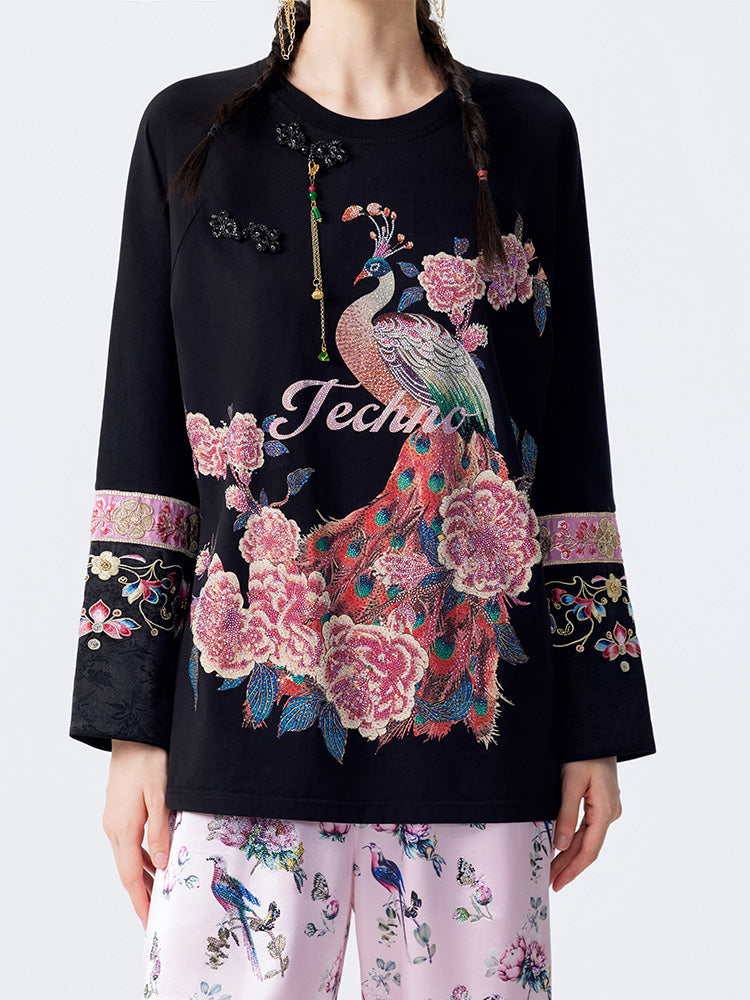 TCH Luxury Rhinestone-Embellished Peacock Pullover Top