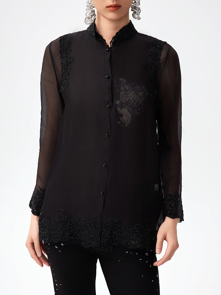 TCH Silk Butterfly Rhinestone Button Lace Vest