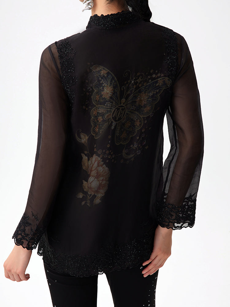 TCH Silk Butterfly Rhinestone Button Lace Vest