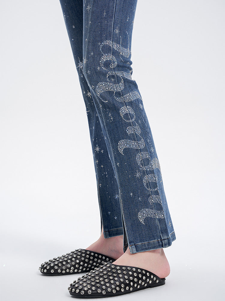 TCH Rhinestone Graphic High-Waisted Flared Jeans