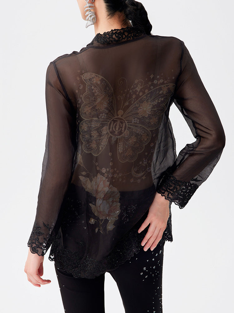 TCH Silk Butterfly Rhinestone Button Lace Shirt