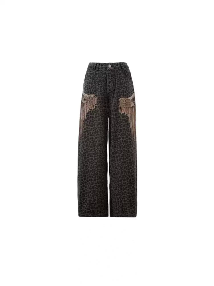 TCH Rhinestone Leopard Print High Waist Wide Leg Jeans