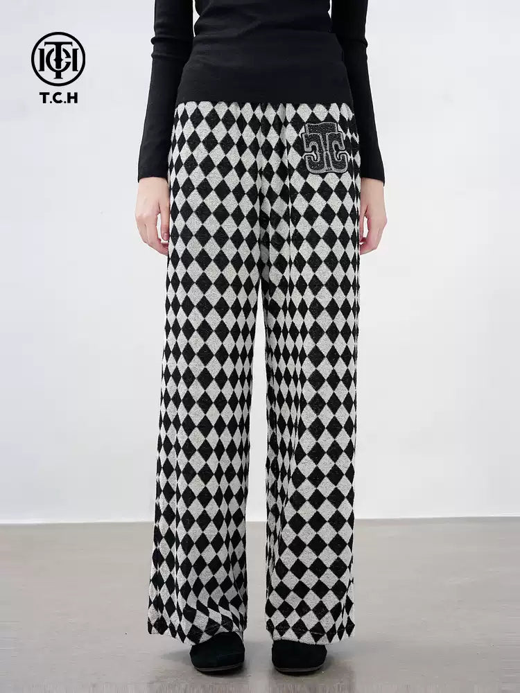 TCH Plaid Graphic Rhinestone Wide Leg Pants