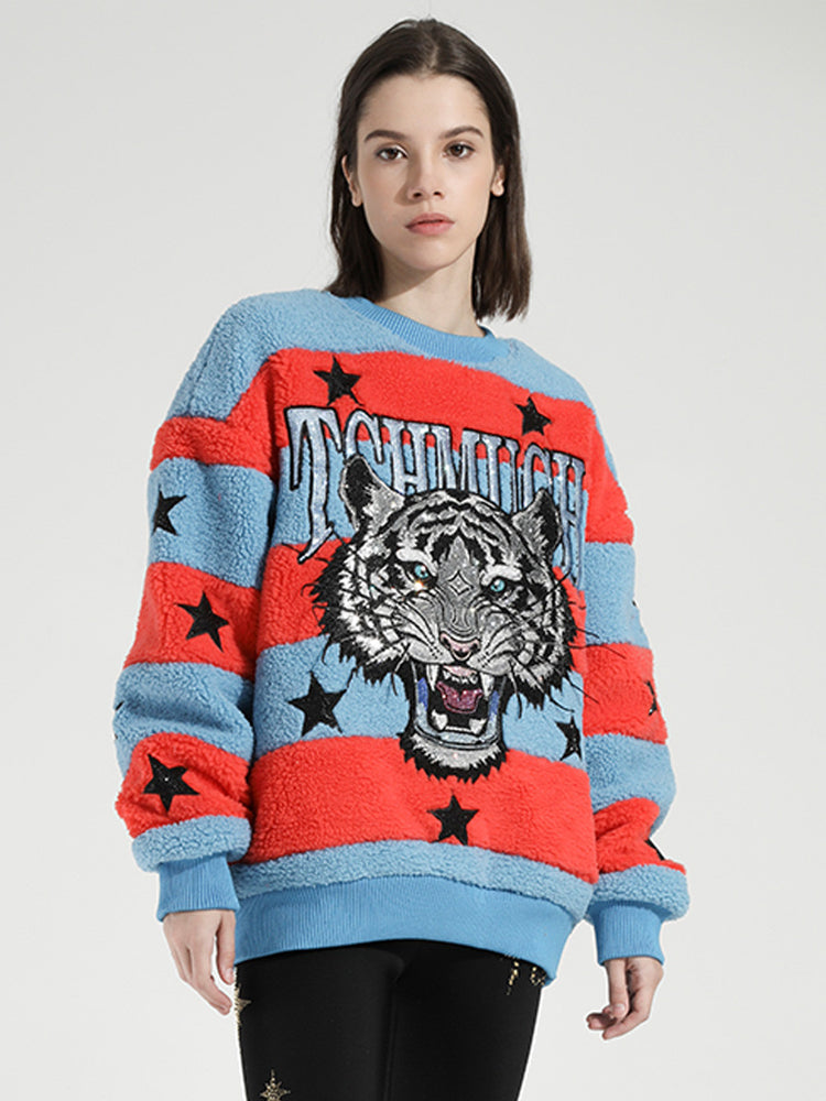 TCH Rhinestone Tiger Fleece Striped Sweater