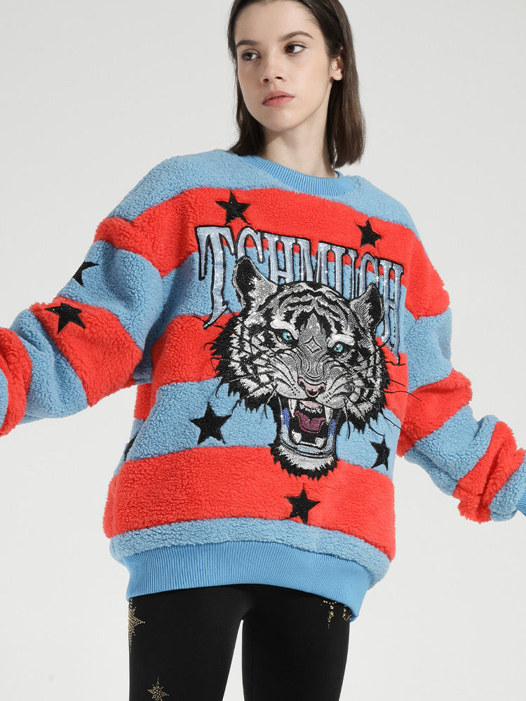 TCH Rhinestone Tiger Fleece Striped Sweater