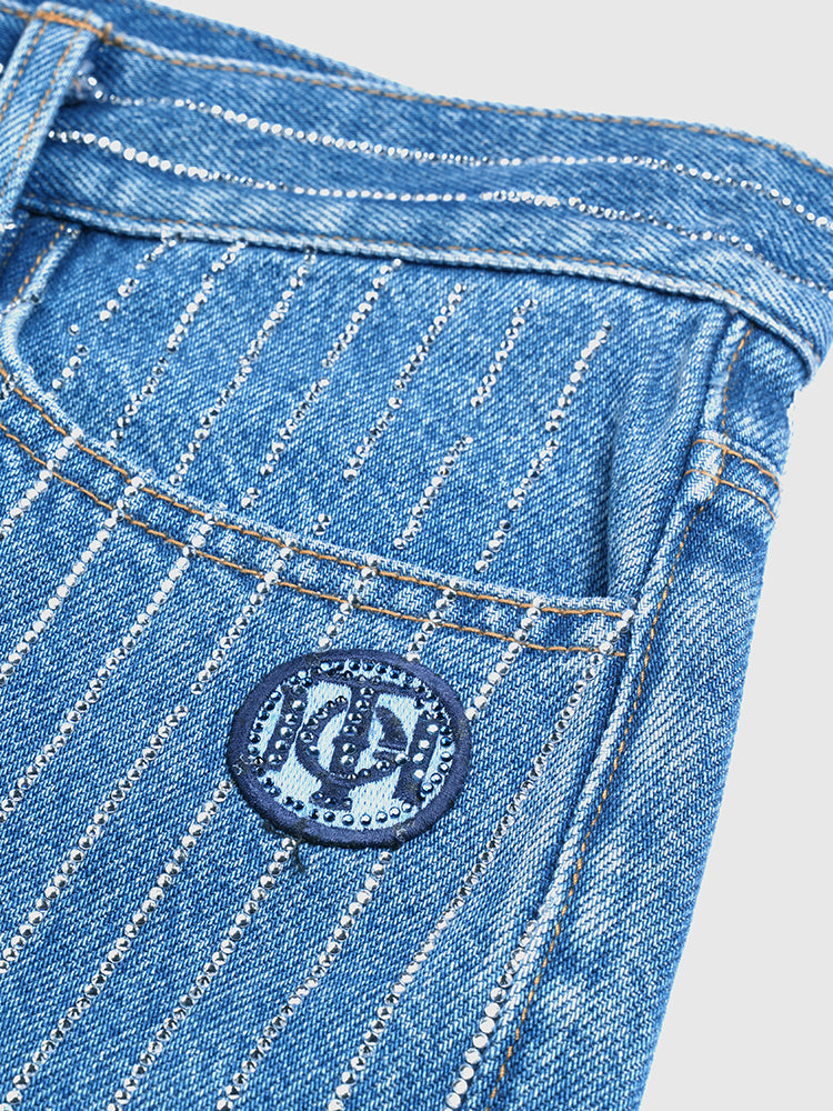 TCH Logo Print Rhinestone Stripe Short In Denim
