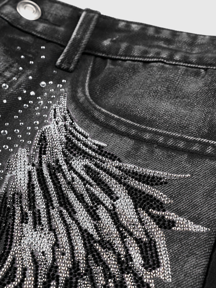 TCH Rhinestone Wings Design Denim Mini Shorts