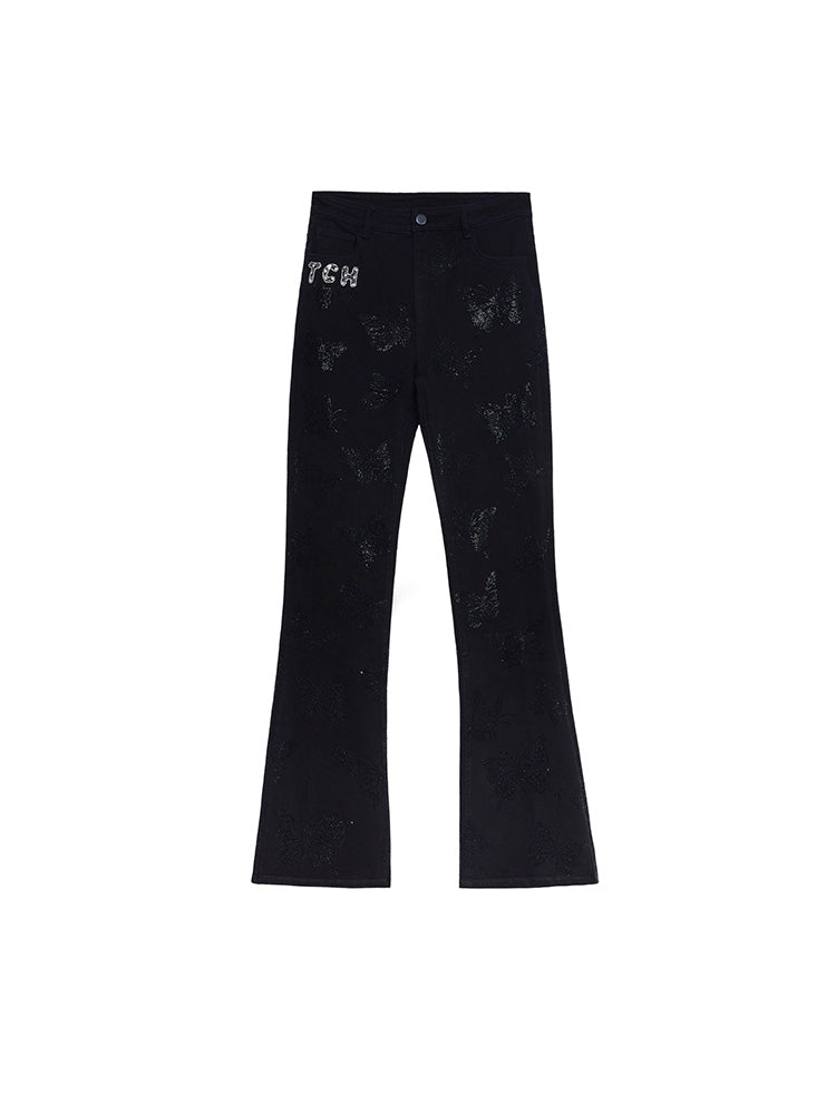 TCH Rhinestone Butterfly Print Slim Flare Trousers Jeans