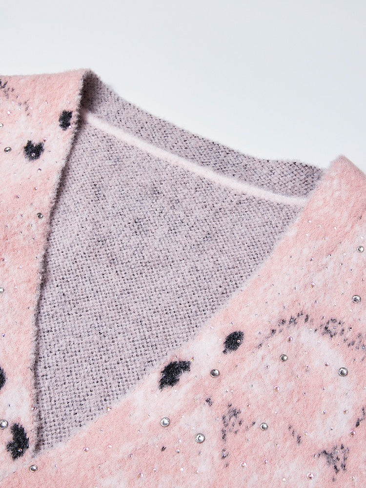 TCH Rhinestone Abstract Bear Fluffy Knit Cardigan