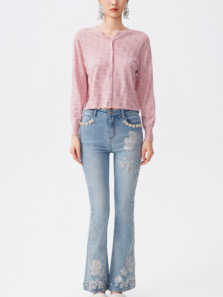 TCH Allover Rhinestone Button Sparkle Knit Top