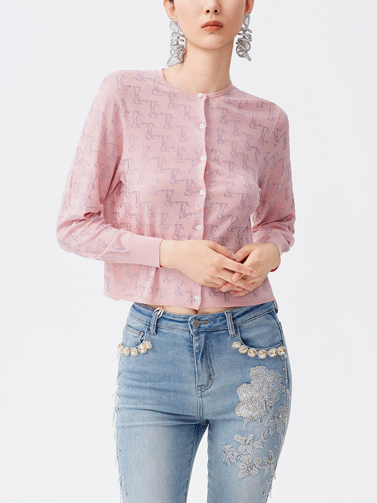 TCH Allover Rhinestone Button Sparkle Knit Top