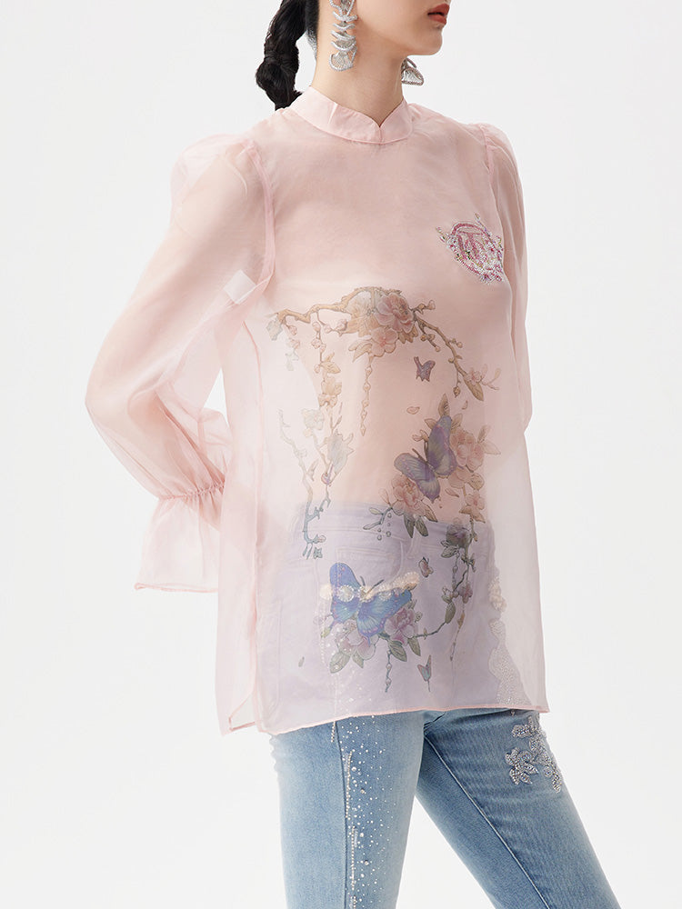 TCH Floral Sheer Rhinestone Lantern Sleeve Blouse