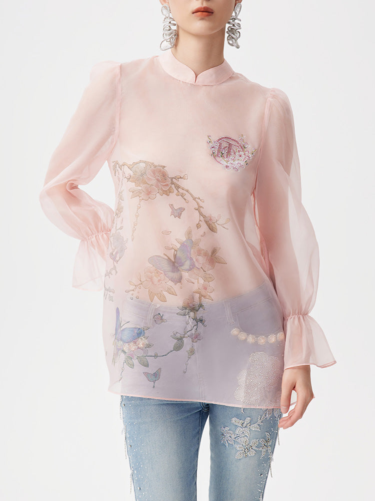 TCH Floral Sheer Rhinestone Lantern Sleeve Blouse