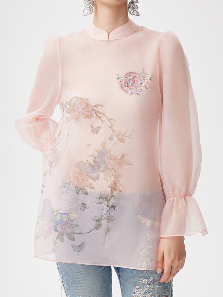 TCH Floral Sheer Rhinestone Lantern Sleeve Blouse