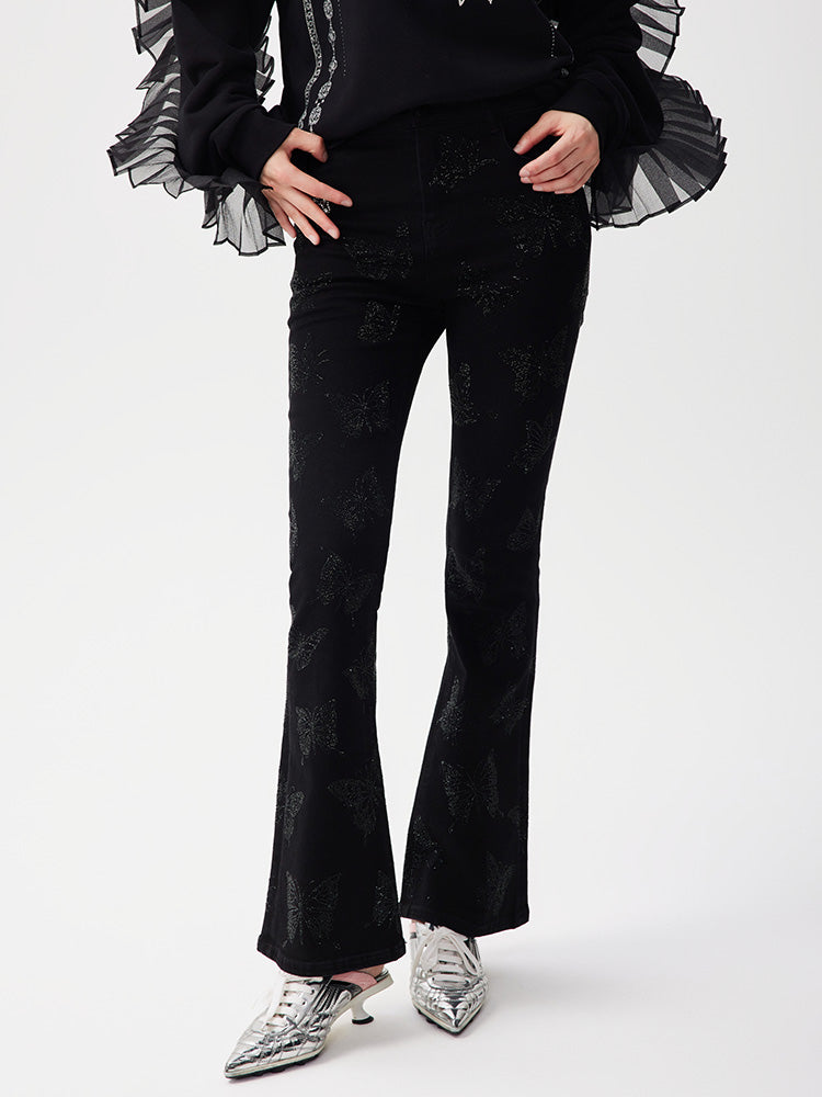 TCH Rhinestone Butterfly Print Slim Flare Trousers Jeans