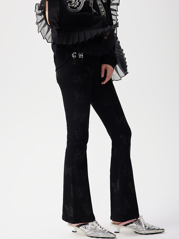 TCH Rhinestone Butterfly Print Slim Flare Trousers Jeans