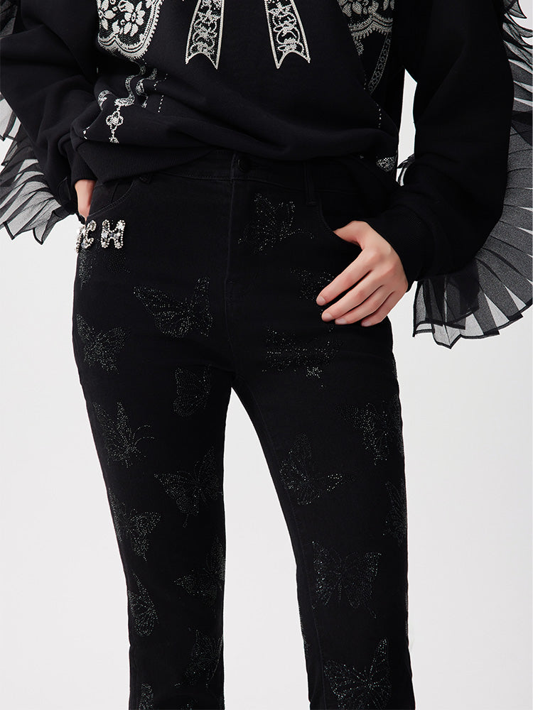 TCH Rhinestone Butterfly Print Slim Flare Trousers Jeans